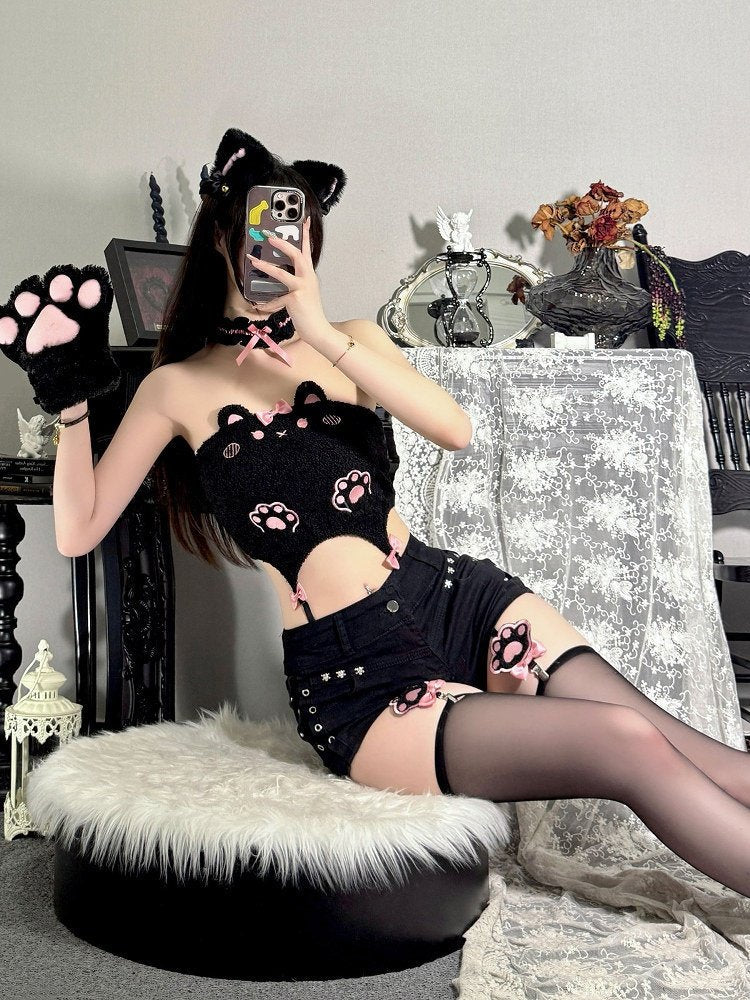 Kawaii Cat Ear Plush Fitted Mini Skirt - LolitaEraBlackOne sizeKawaii Cat Ear Plush Fitted Mini Skirt