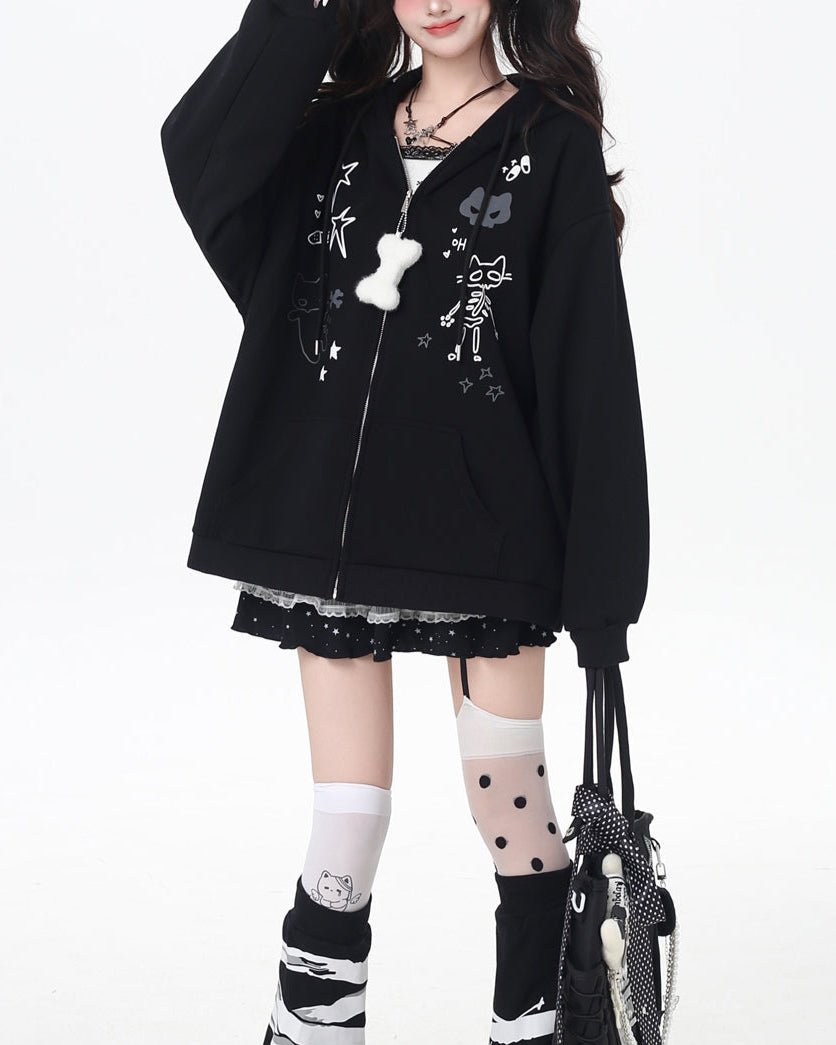 Kawaii Otaku Y2K Cat Ear Oversized Jacket - LolitaEraBlackSKawaii Otaku Y2K Cat Ear Oversized Jacket