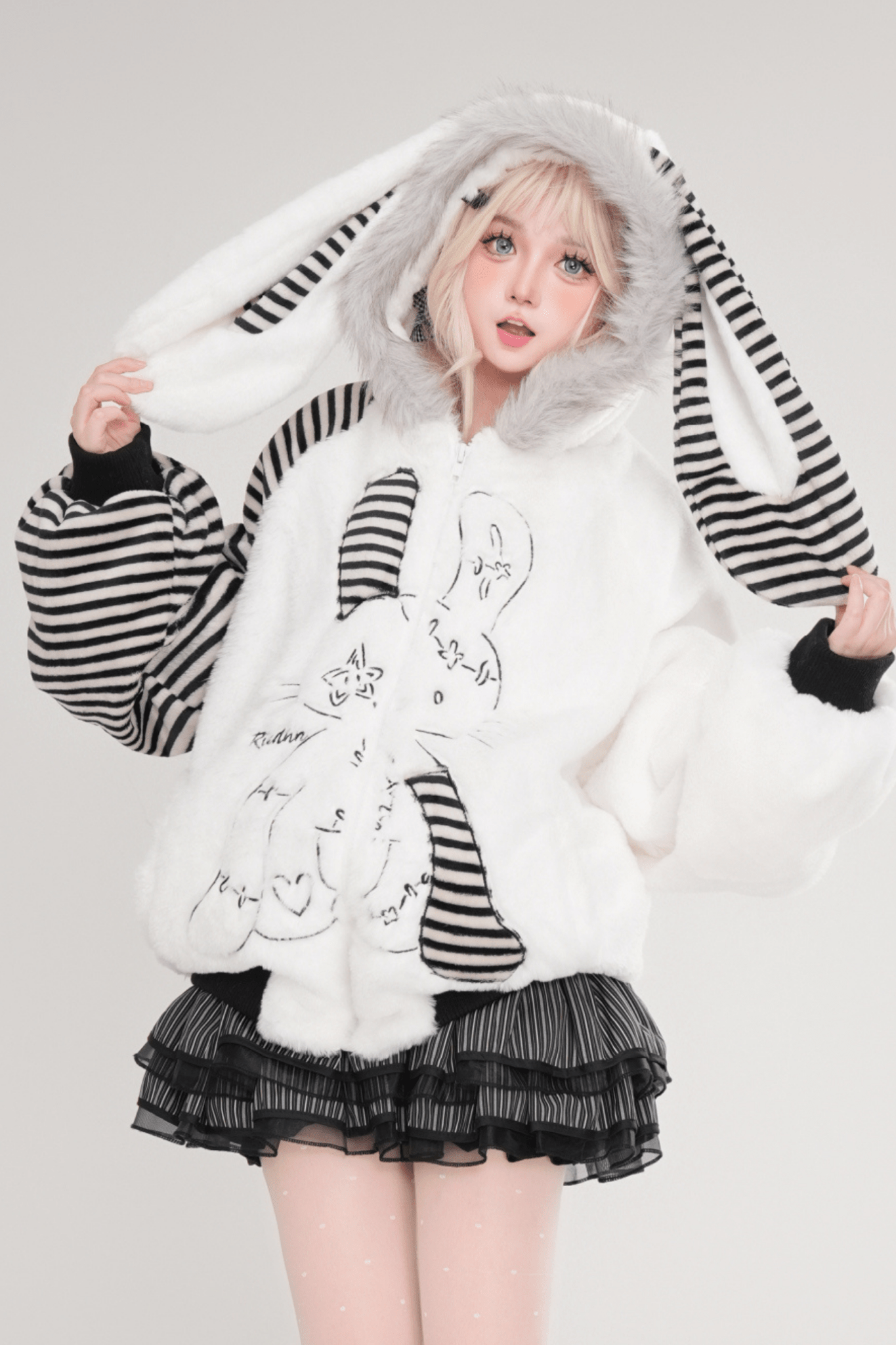 Kawaii Rabbit Ear Plush Hooded Winter Coat - LolitaEraWhiteSKawaii Rabbit Ear Plush Hooded Winter Coat