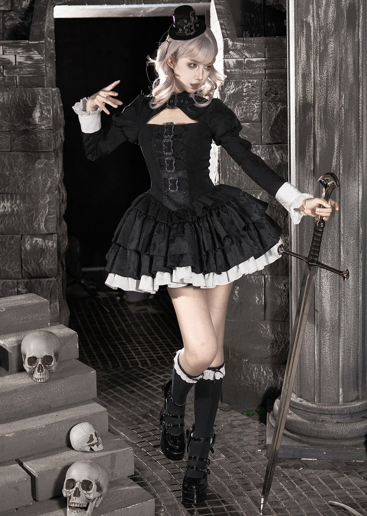 Kelin Lolita Gothic Color Block Front Panel Twin Long & Short OP Dress - LolitaEra