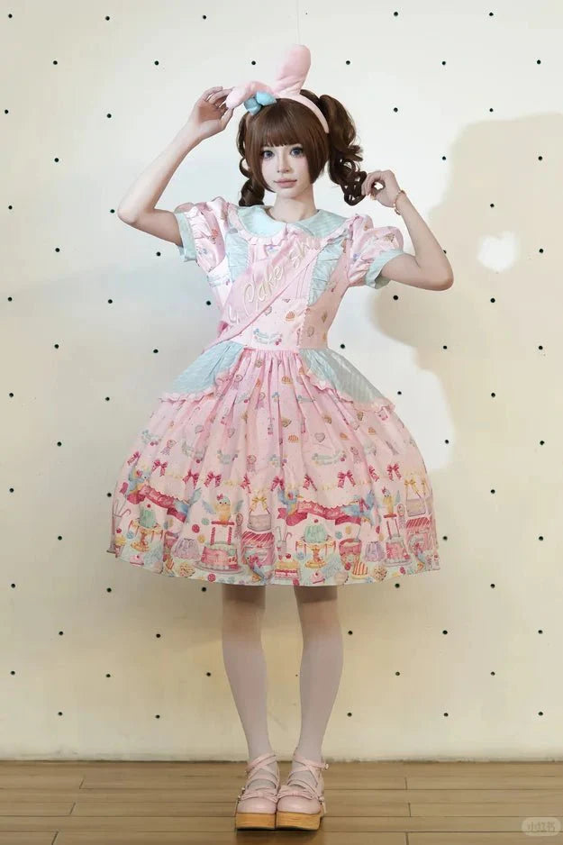 Kingfisher Pastry Chef Sweet Print Lolita OP Dress - LolitaEraPink OP+SashSKingfisher Pastry Chef Sweet Print Lolita OP Dress