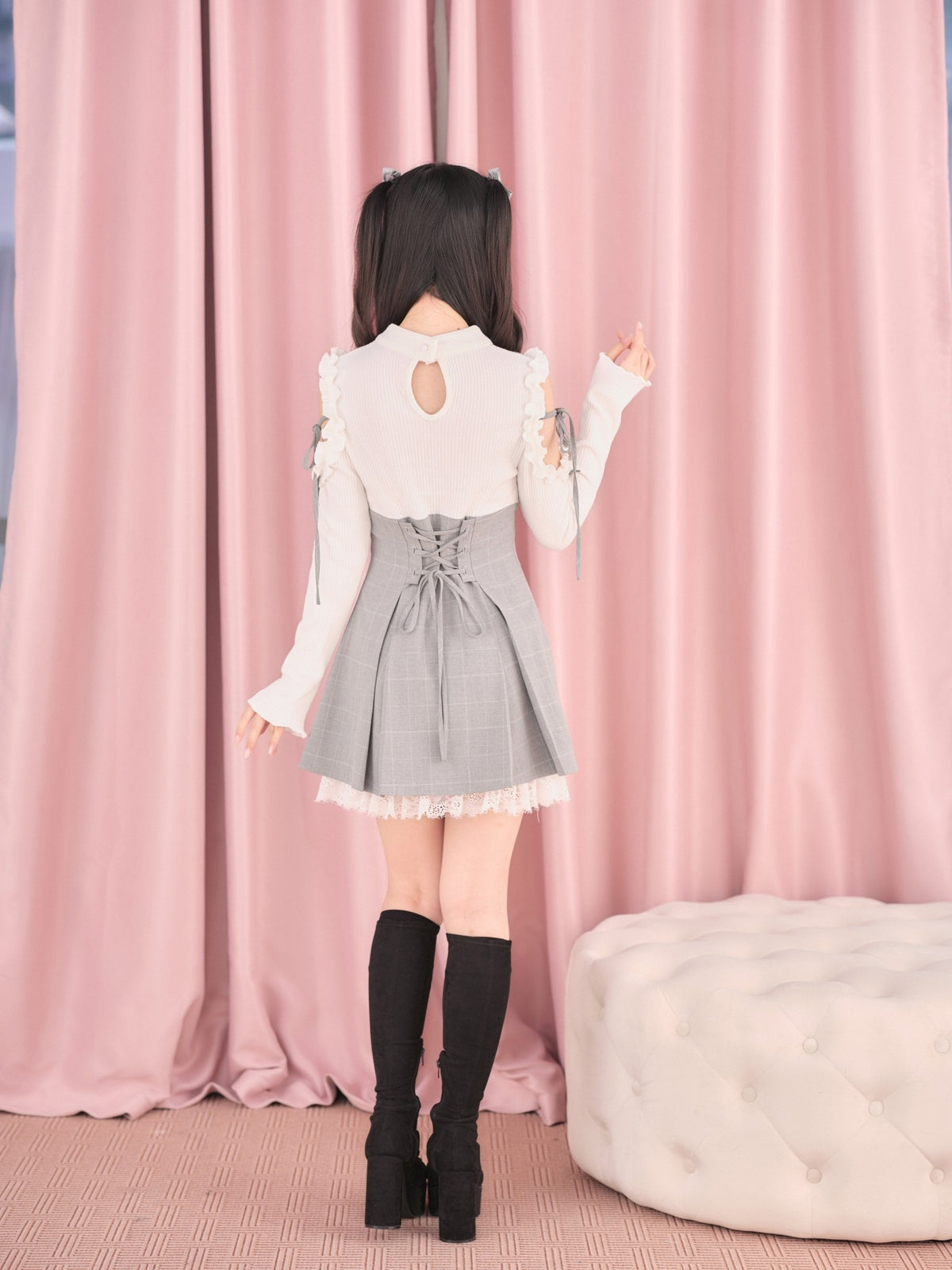 Knitted Plaid Japanese Mass Produced Faux Two Piece Dress - LolitaEra