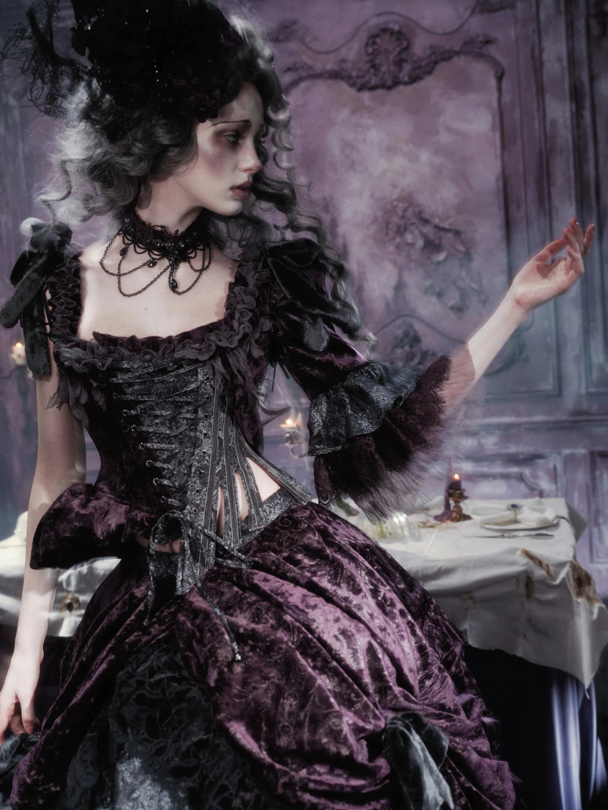Legacy of the Departed Gothic Dark Drowned Earl Purple Boned Corset - LolitaEra