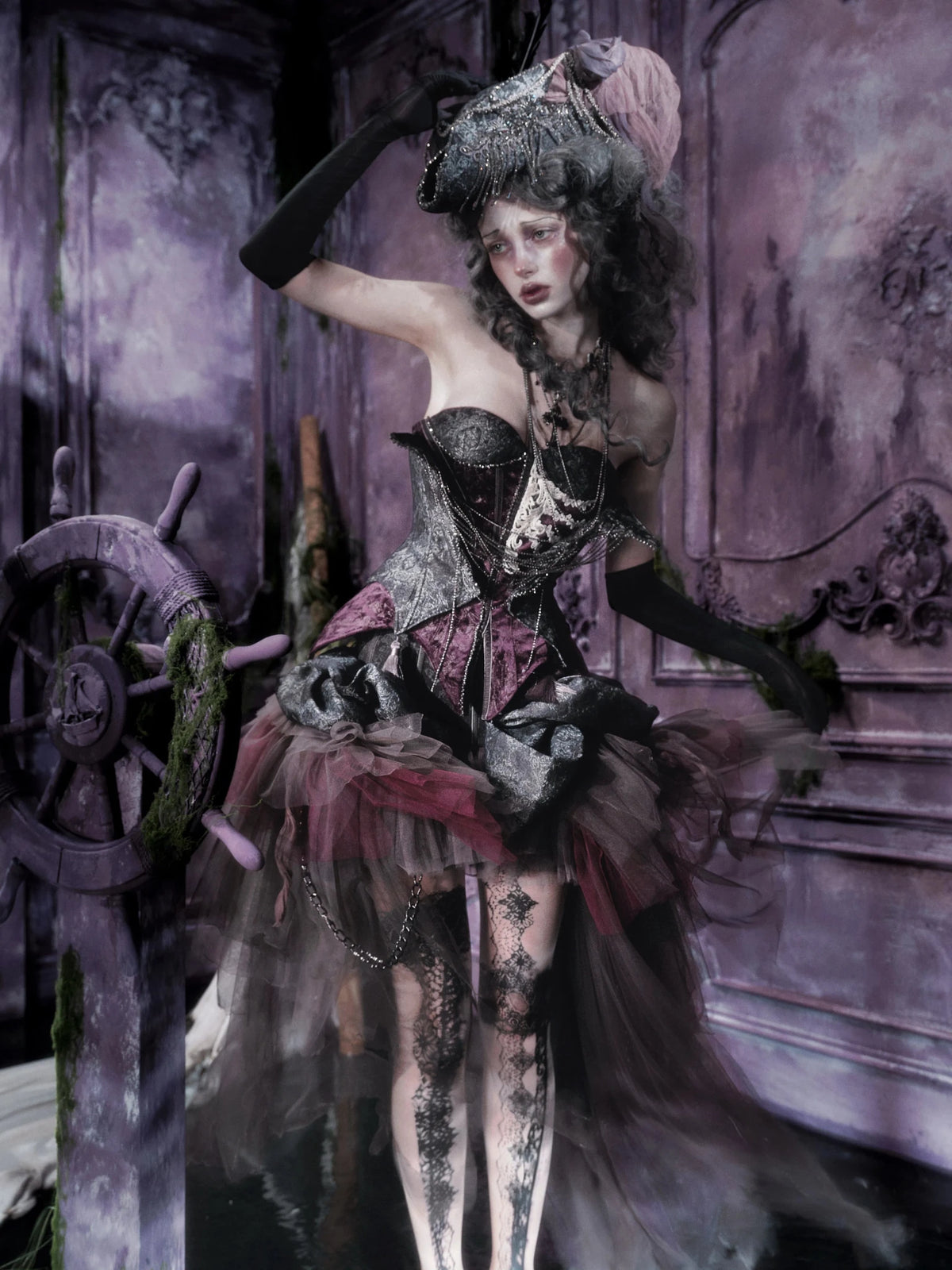 Legacy of the Departed Gothic Dark Rib Specter Purple Boned Corset - LolitaEra