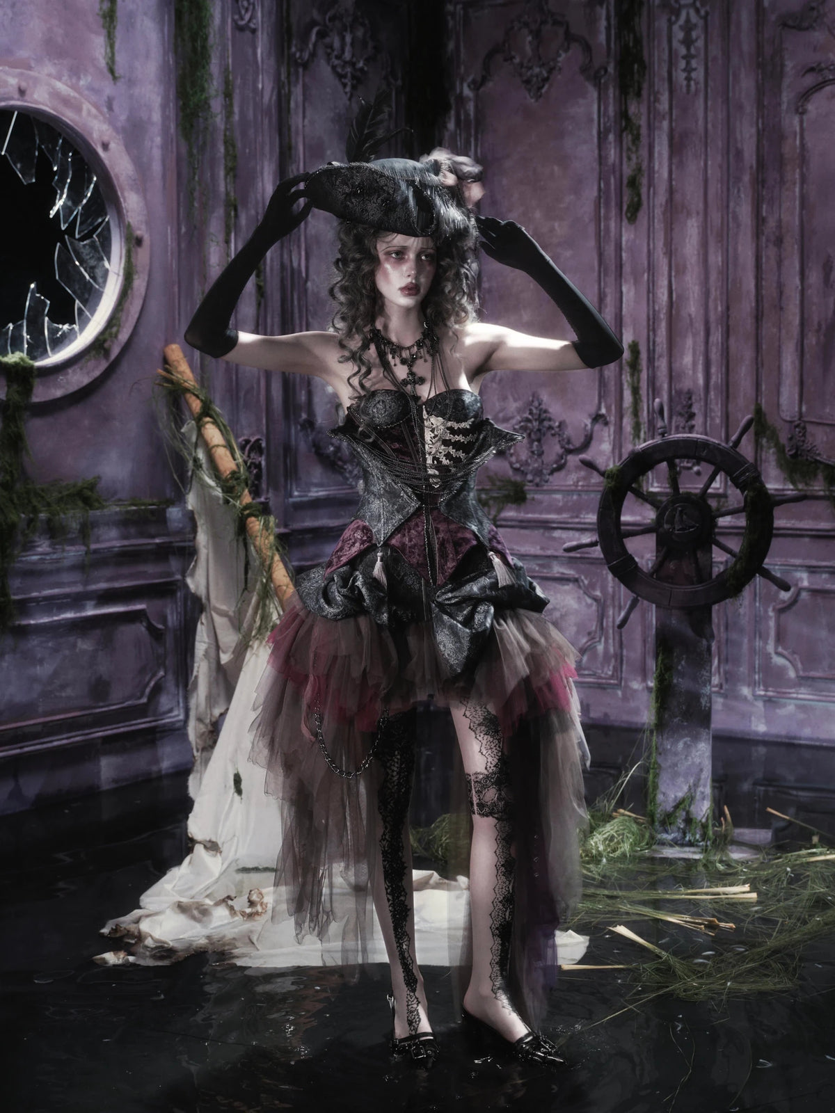 Legacy of the Departed Gothic Dark Rib Specter Purple Boned Corset - LolitaEra