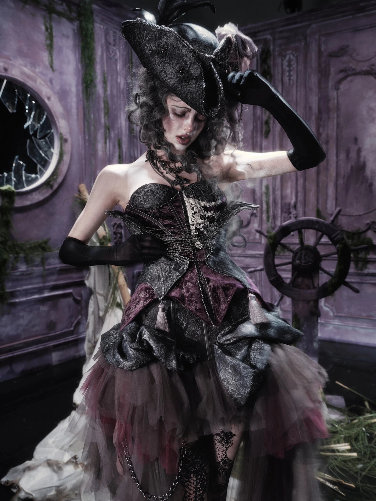 Legacy of the Departed Gothic Dark Rib Specter Purple Boned Corset - LolitaEra