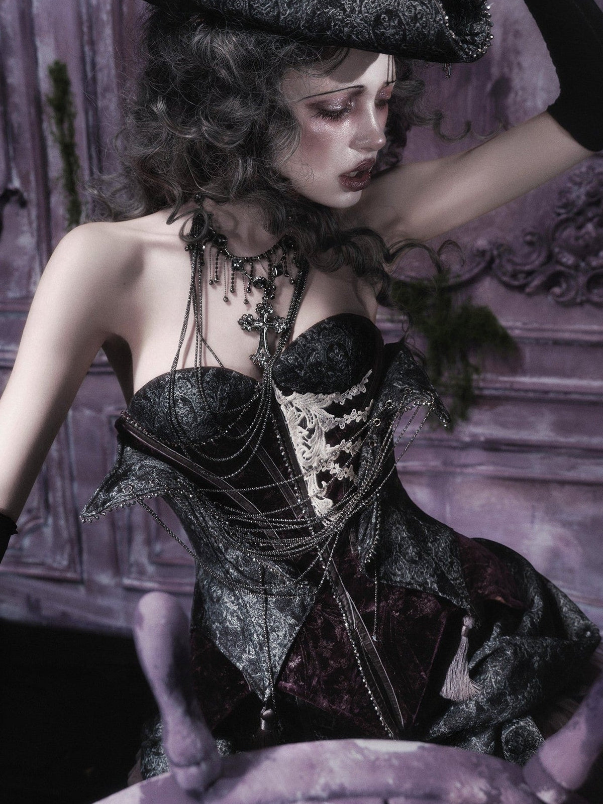 Legacy of the Departed Gothic Dark Rib Specter Purple Boned Corset - LolitaEra