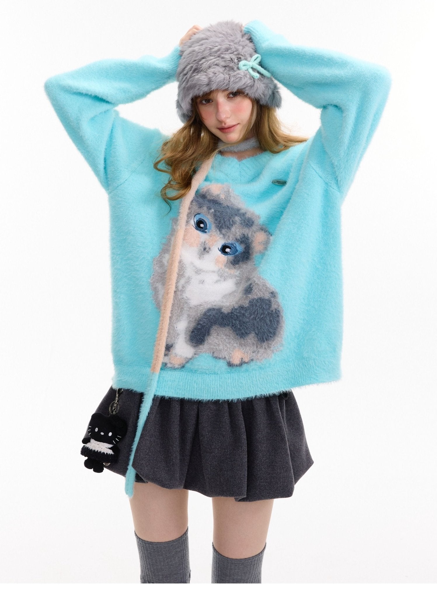 Light Blue Lazy Style Cat Print Polo Sweater LE1149 - LolitaEraBlueSLight Blue Lazy Style Cat Print Polo Sweater LE1149