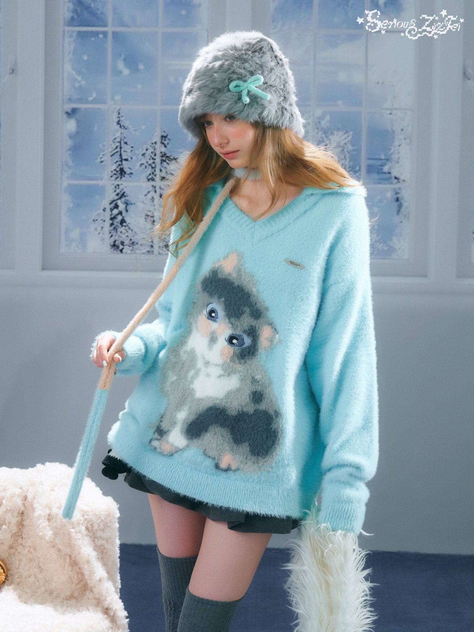 Light Blue Lazy Style Cat Print Polo Sweater LE1149 - LolitaEraBlueSLight Blue Lazy Style Cat Print Polo Sweater LE1149