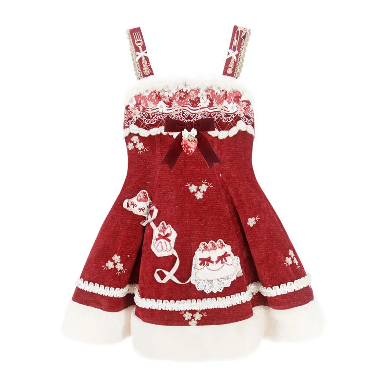Chuandai Time: Light Snow Strawberry, Chinese-Style Sweet Two-Tone Strawberry Embroidered Jsk Skirt, Waist-Cinching Short Skirt, Worn with a Shirt Underneath
