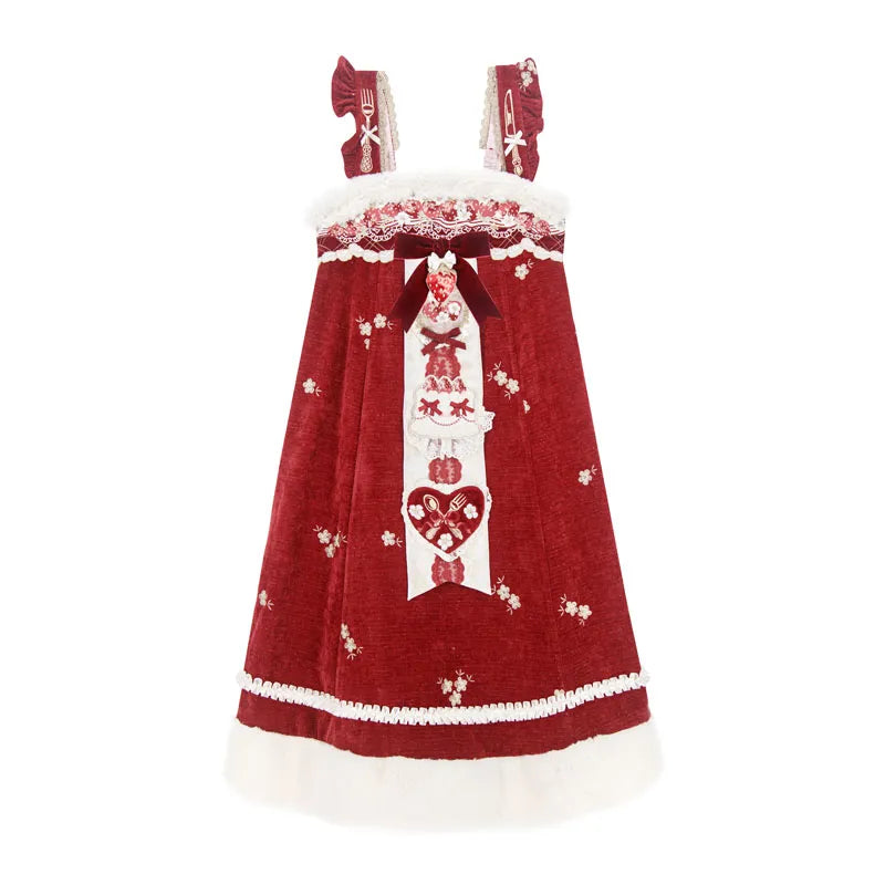 Chuandai Time: Light Snow Strawberry, Chinese-Style Sweet Two-Tone Strawberry Embroidered Jsk Skirt, Waist-Cinching Short Skirt, Worn with a Shirt Underneath