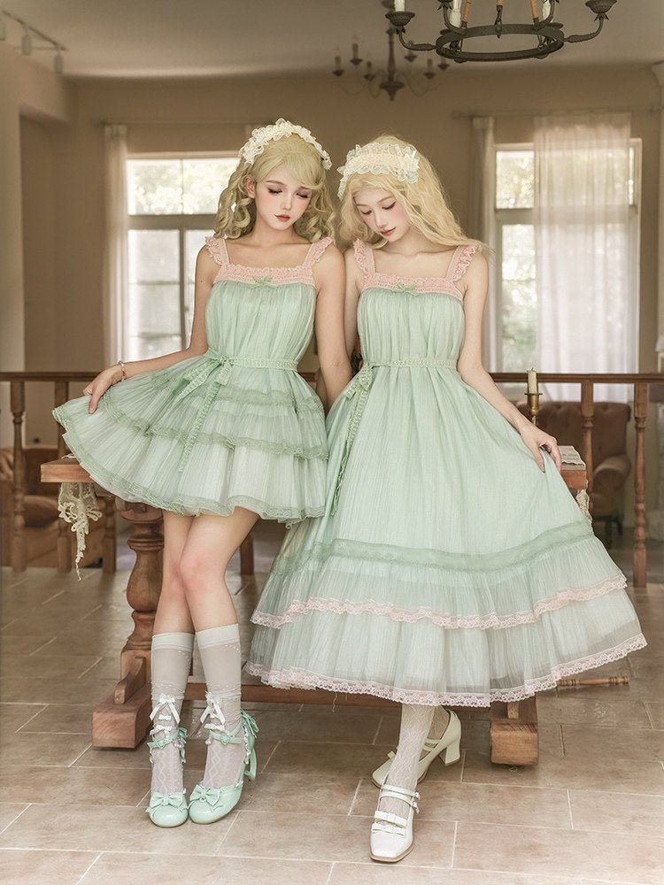 Lime Soda Lolita Ruffle Spaghetti Strap JSK Twin Dress 1742 - LolitaEraGreen Short SetSLime Soda Lolita Ruffle Spaghetti Strap JSK Twin Dress 1742