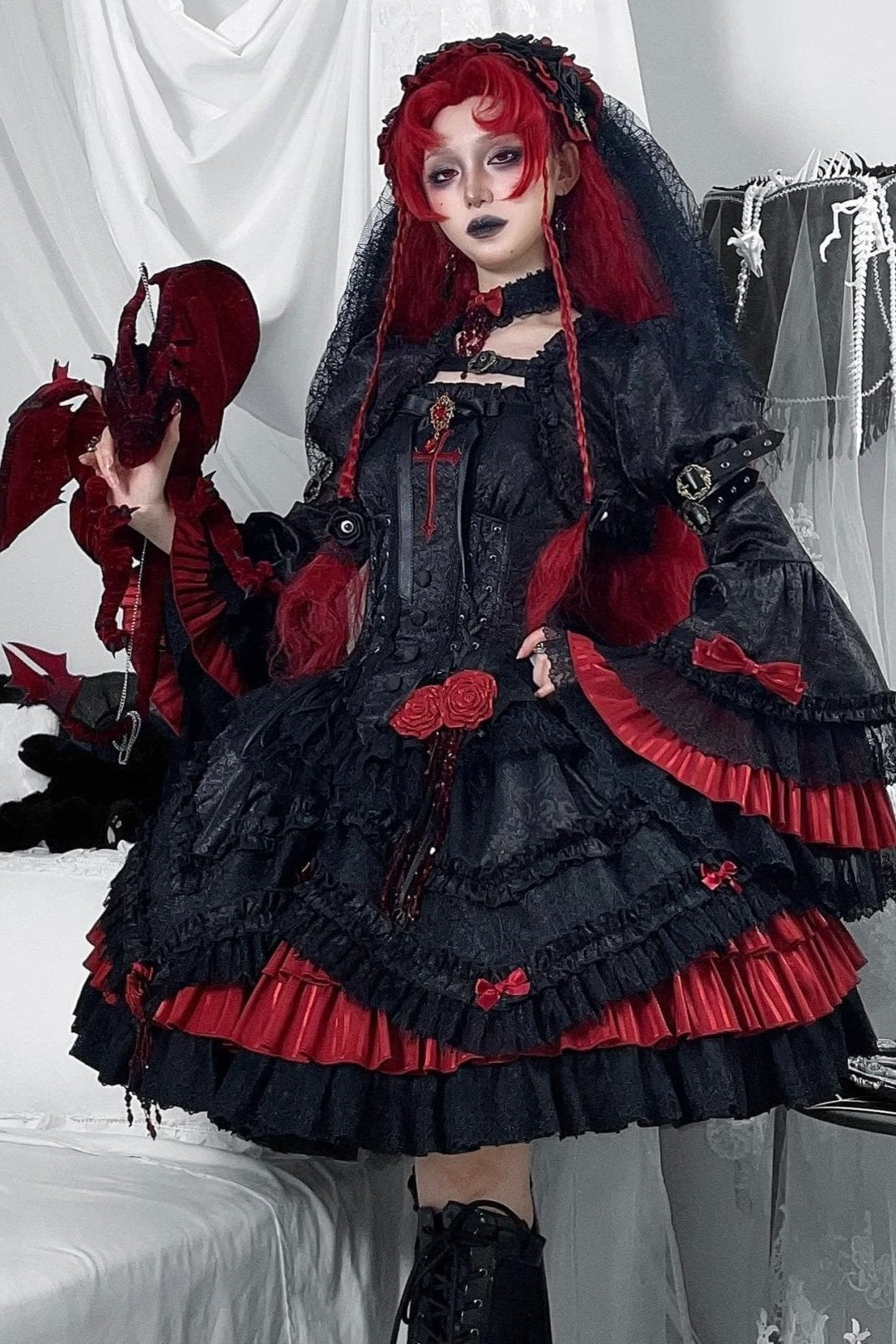 [Limited Edition: Apr 23] Blood Feast JSK Dark Gothic Lolita Dress with Bolero Set - LolitaEraSet=JSK Dress + BoleroS[Limited Edition: Apr 23] Blood Feast JSK Dark Gothic Lolita Dress with Bolero Set