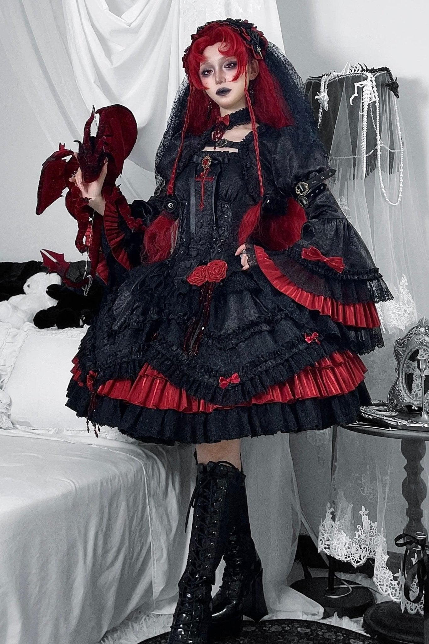 [Limited Edition: Apr 23] Blood Feast JSK Dark Gothic Lolita Dress with Bolero Set - LolitaEraSet=JSK Dress + BoleroS[Limited Edition: Apr 23] Blood Feast JSK Dark Gothic Lolita Dress with Bolero Set