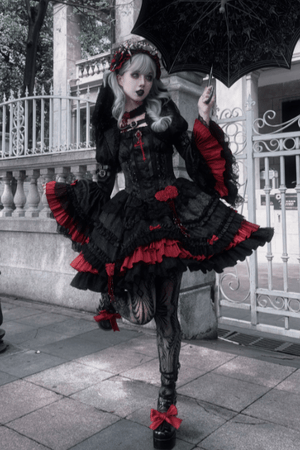 [Limited Edition: Apr 23] Blood Feast JSK Dark Gothic Lolita Dress with Bolero Set - LolitaEraSet=JSK Dress + BoleroS[Limited Edition: Apr 23] Blood Feast JSK Dark Gothic Lolita Dress with Bolero Set
