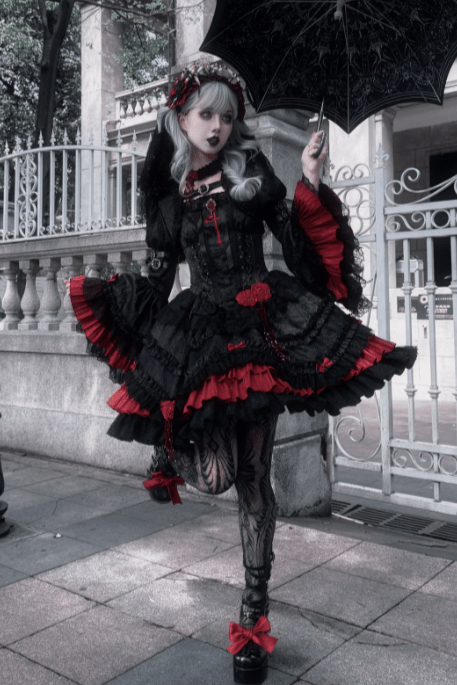 [Limited Edition: Apr 23] Blood Feast JSK Dark Gothic Lolita Dress with Bolero Set - LolitaEraSet=JSK Dress + BoleroS[Limited Edition: Apr 23] Blood Feast JSK Dark Gothic Lolita Dress with Bolero Set