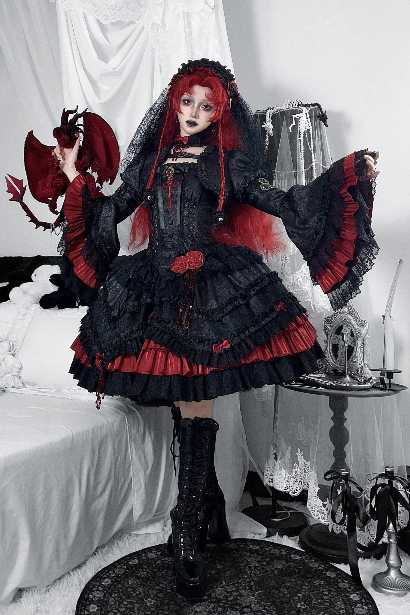 [Limited Edition: Apr 23] Blood Feast JSK Dark Gothic Lolita Dress with Bolero Set - LolitaEraSet=JSK Dress + BoleroS[Limited Edition: Apr 23] Blood Feast JSK Dark Gothic Lolita Dress with Bolero Set