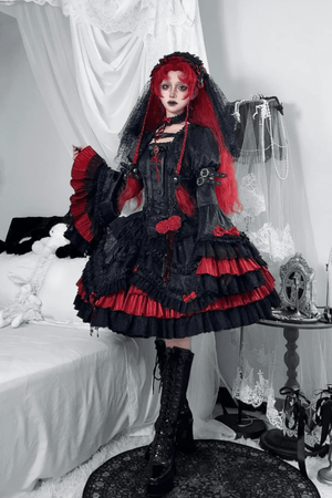 [Limited Edition: Apr 23] Blood Feast JSK Dark Gothic Lolita Dress with Bolero Set - LolitaEraSet=JSK Dress + BoleroS[Limited Edition: Apr 23] Blood Feast JSK Dark Gothic Lolita Dress with Bolero Set