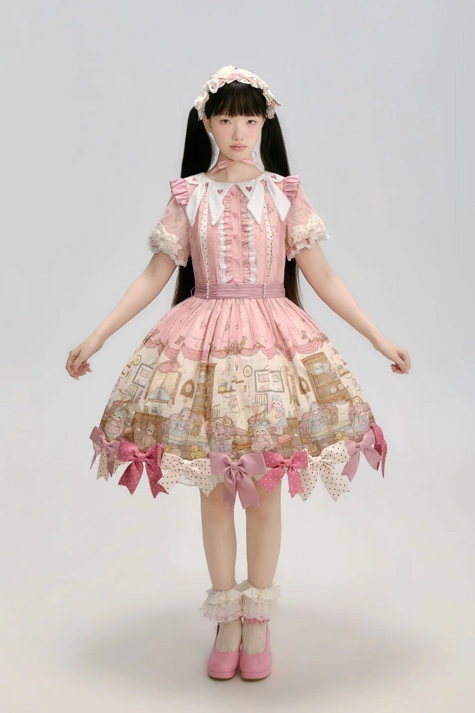 [Limited Edition: May 17] Lazy Bow JSK Gradient Bow Lolita Dress - LolitaEraShort OP+OverSkirtPinkS[Limited Edition: May 17] Lazy Bow JSK Gradient Bow Lolita Dress