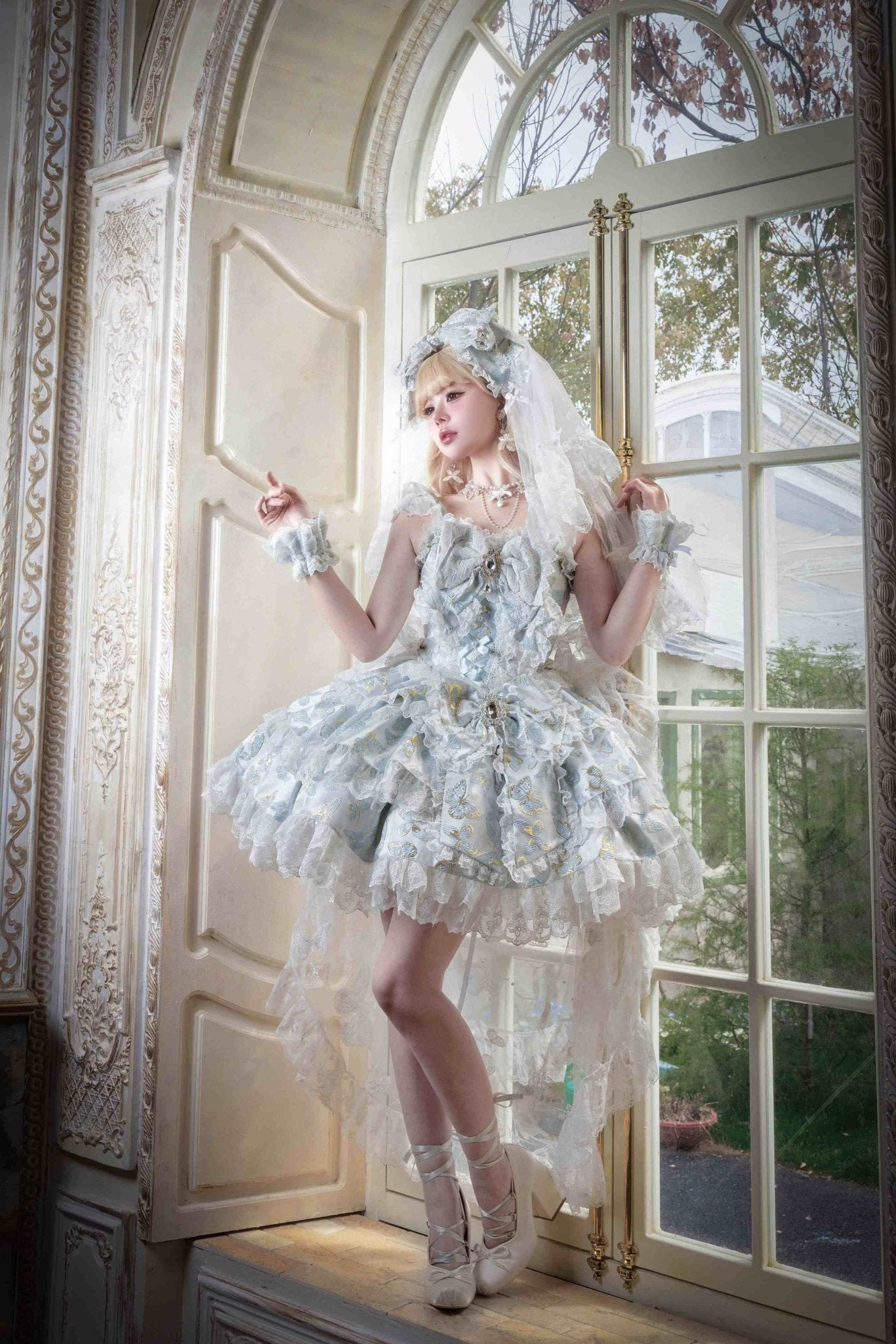 [Limited Edition: May 25 ] Moonlight Coronation Gorgeous Lolita JSK - LolitaEraDress Only=Includes Bust Bow + Waist BowWhiteXS[Limited Edition: May 25 ] Moonlight Coronation Gorgeous Lolita JSK