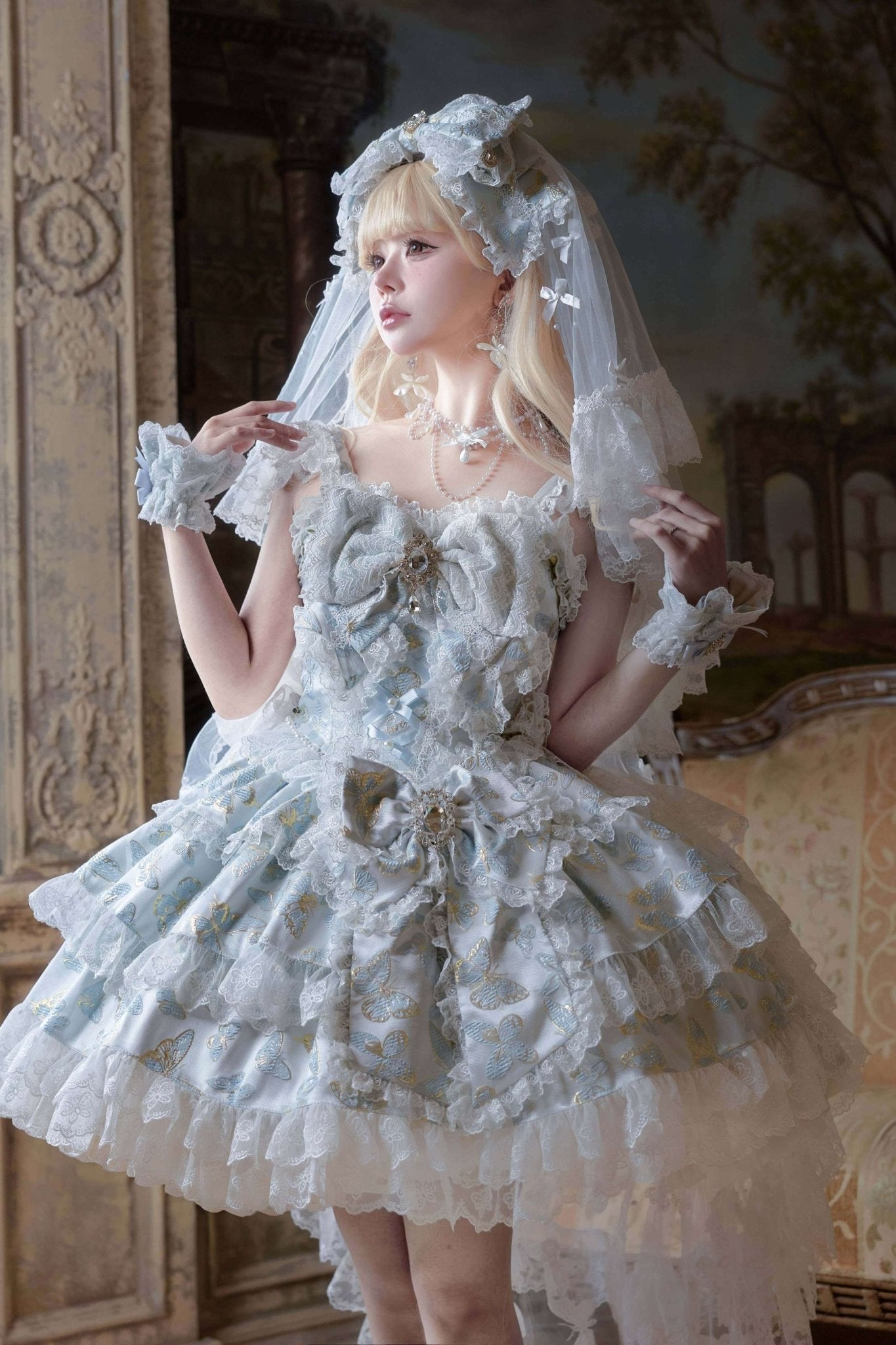 [Limited Edition: May 25 ] Moonlight Coronation Gorgeous Lolita JSK - LolitaEraFull Set= Dress Only + KC + Bridal Veil + Necklace + Back Train + Large Back BowGreenXS[Limited Edition: May 25 ] Moonlight Coronation Gorgeous Lolita JSK