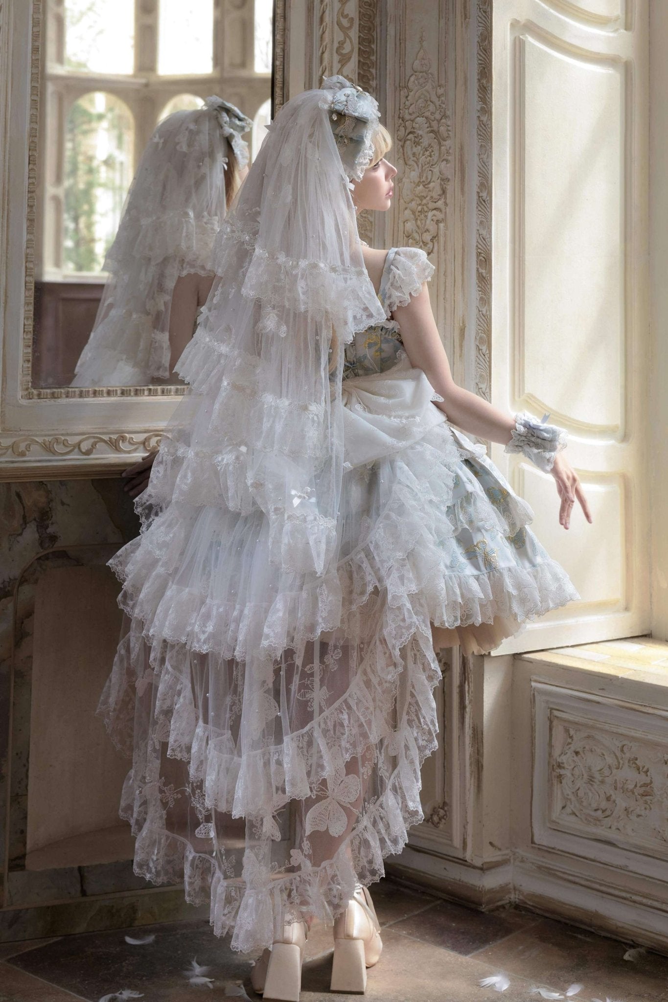 [Limited Edition: May 25 ] Moonlight Coronation Gorgeous Lolita JSK - LolitaEraFull Set= Dress Only + KC + Bridal Veil + Necklace + Back Train + Large Back BowGreenXS[Limited Edition: May 25 ] Moonlight Coronation Gorgeous Lolita JSK
