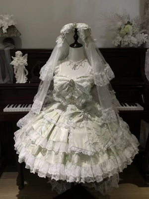 [Limited Edition: May 25 ] Moonlight Coronation Gorgeous Lolita JSK - LolitaEraFull Set= Dress Only + KC + Bridal Veil + Necklace + Back Train + Large Back BowGreenXS[Limited Edition: May 25 ] Moonlight Coronation Gorgeous Lolita JSK