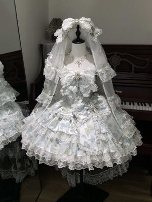 [Limited Edition: May 25 ] Moonlight Coronation Gorgeous Lolita JSK - LolitaEraFull Set= Dress Only + KC + Bridal Veil + Necklace + Back Train + Large Back BowBlueXS[Limited Edition: May 25 ] Moonlight Coronation Gorgeous Lolita JSK