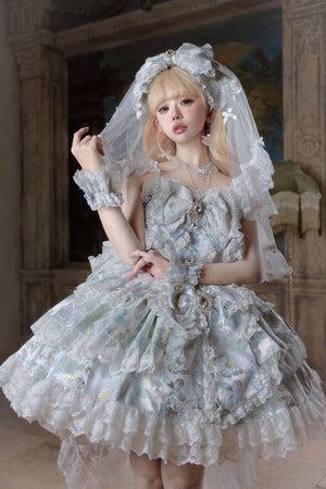 [Limited Edition: May 25 ] Moonlight Coronation Gorgeous Lolita JSK - LolitaEraFull Set= Dress Only + KC + Bridal Veil + Necklace + Back Train + Large Back BowGreenXS[Limited Edition: May 25 ] Moonlight Coronation Gorgeous Lolita JSK