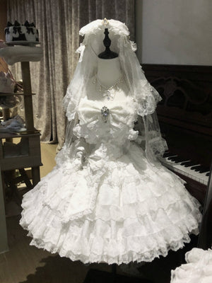 [Limited Edition: May 25 ] Moonlight Coronation Gorgeous Lolita JSK - LolitaEraFull Set= Dress Only + KC + Bridal Veil + Necklace + Back Train + Large Back BowWhiteXS[Limited Edition: May 25 ] Moonlight Coronation Gorgeous Lolita JSK