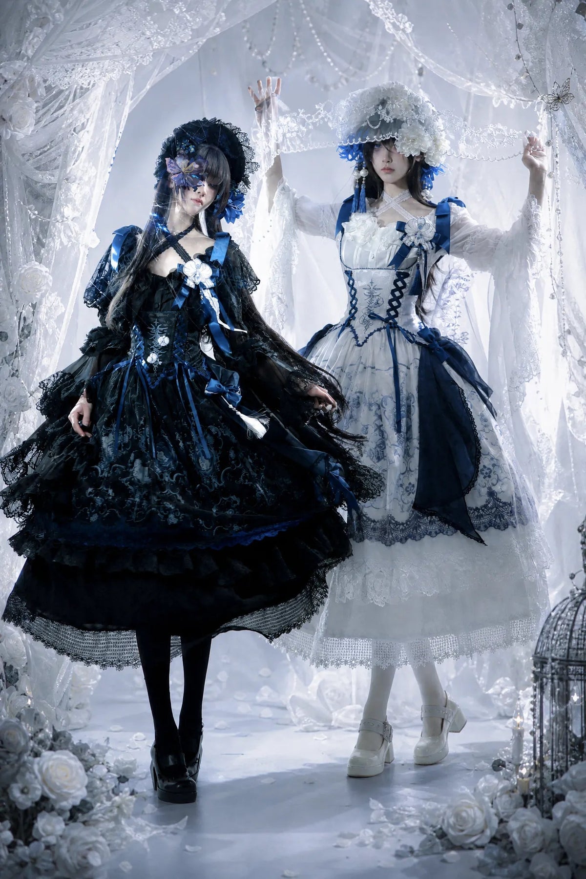 Ling Long Ci Blue Porcelain Butterfly Orchid Print Gothic Lolita Bustier JSK - LolitaEra