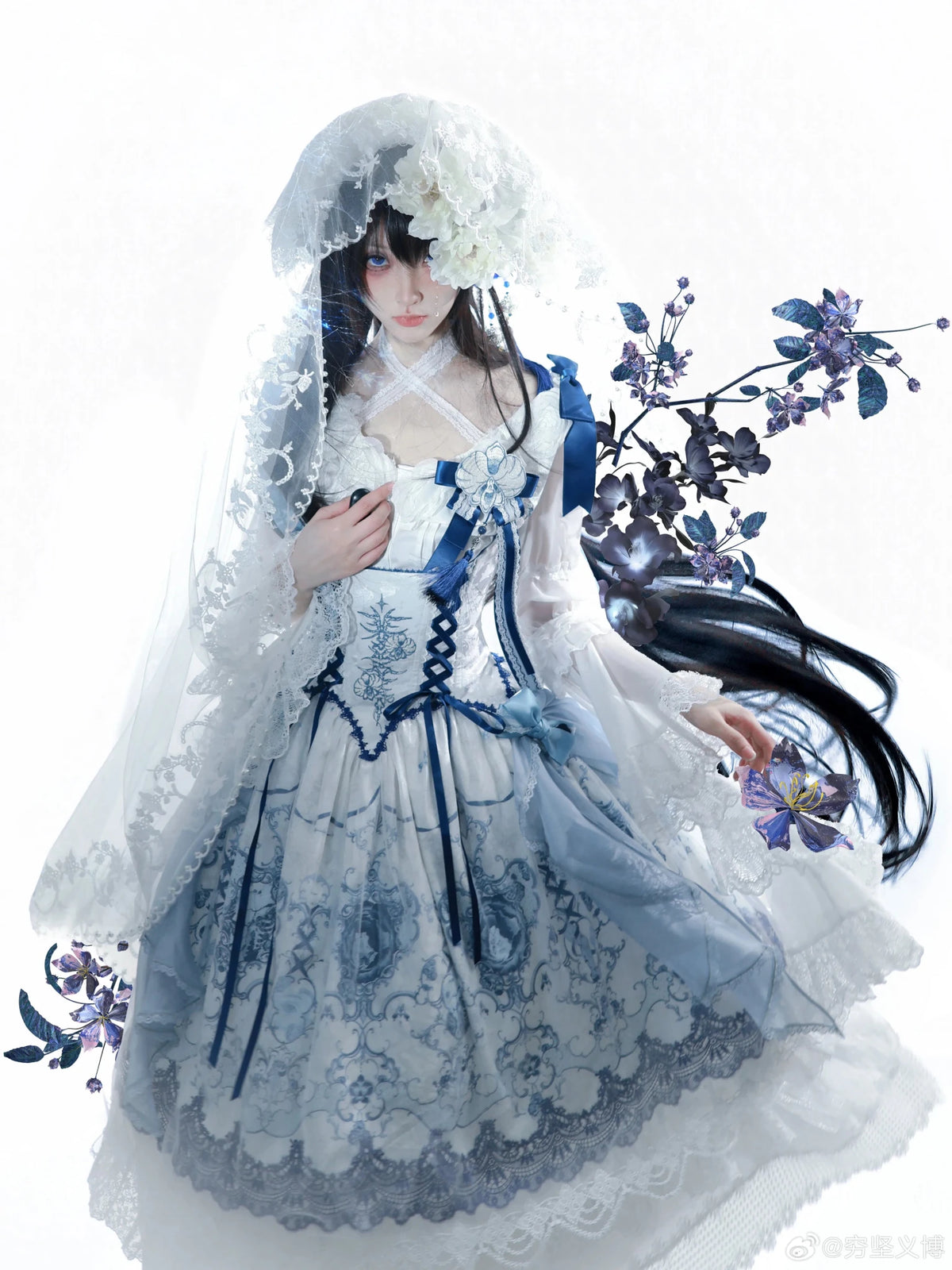 Ling Long Ci Blue Porcelain Butterfly Orchid Print Gothic Lolita Bustier JSK - LolitaEra