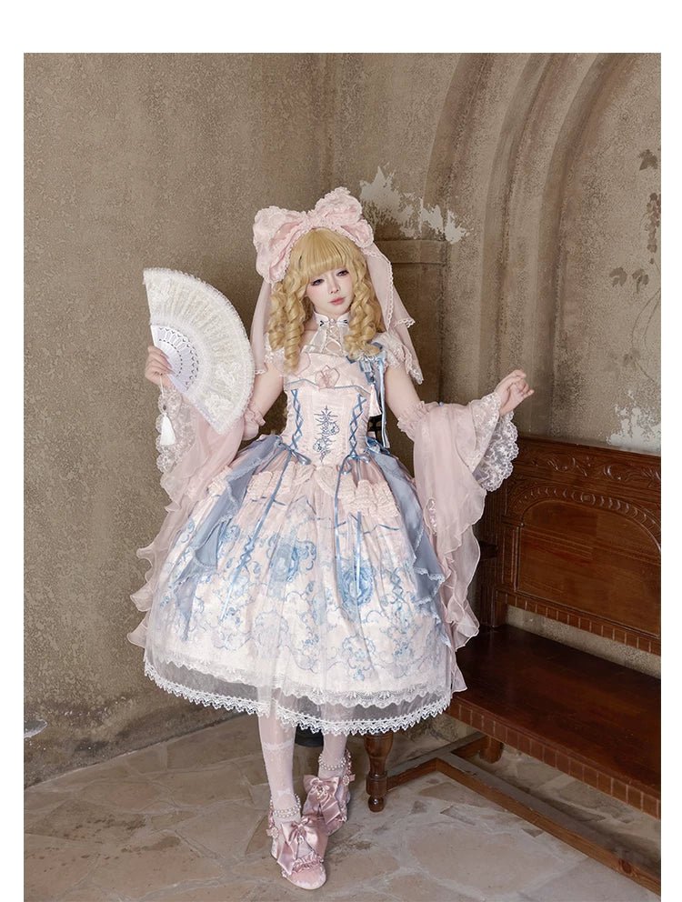 Ling Long Ci Blue Porcelain Gothic Lolita Accessories BNT Brooch Headveil Curtain - LolitaEra