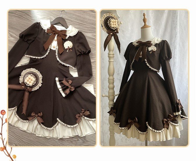Little Hazelnut Elegant Long Sleeve OP - LolitaEraSet = OP +Hat + BroochBrownSLittle Hazelnut Elegant Long Sleeve OP