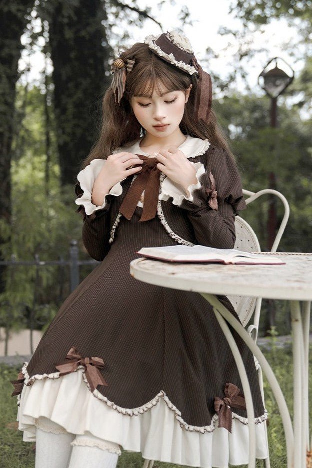 Little Hazelnut Elegant Long Sleeve OP - LolitaEraSet = OP +Hat + BroochBrownSLittle Hazelnut Elegant Long Sleeve OP