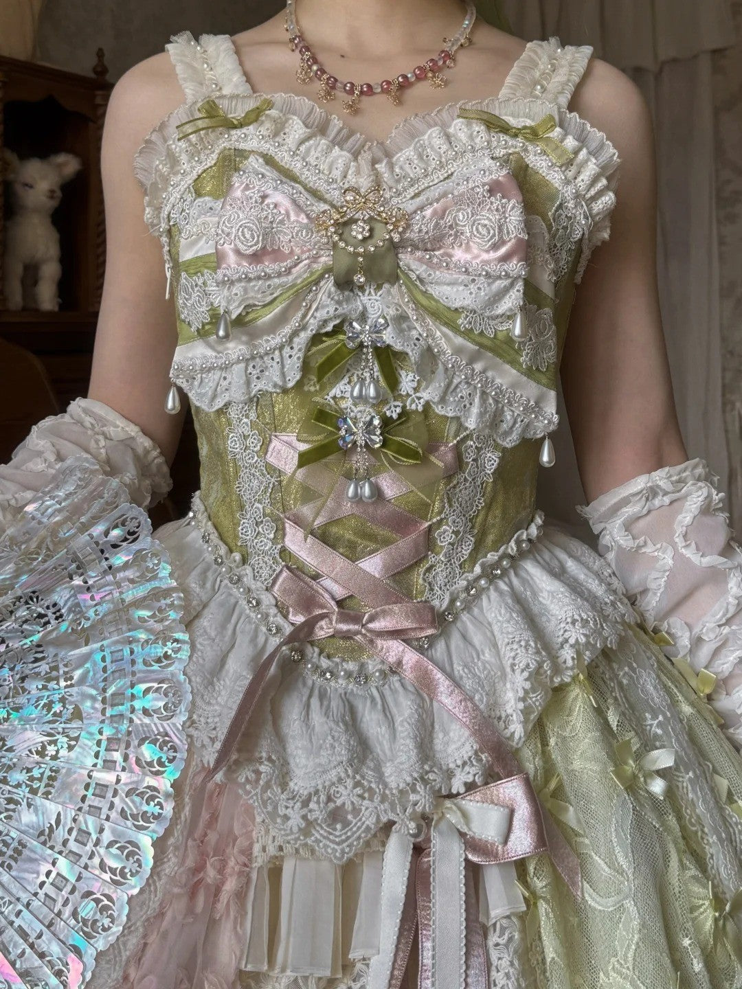 Whisper of Spring Field Lolita Original Green Boned Corset & Skirt Set