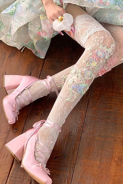 Lolita Ballet Flower Lace Over - Knee Socks - LolitaEraWhiteLolita Ballet Flower Lace Over - Knee Socks