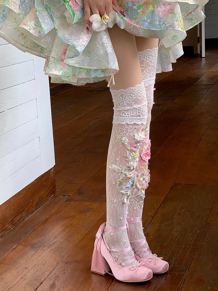 Lolita Ballet Flower Lace Over - Knee Socks - LolitaEraWhiteLolita Ballet Flower Lace Over - Knee Socks