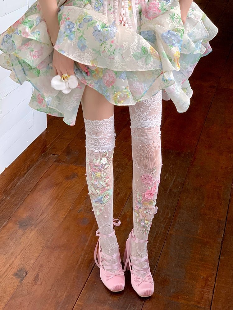 Lolita Ballet Flower Lace Over - Knee Socks - LolitaEraWhiteLolita Ballet Flower Lace Over - Knee Socks