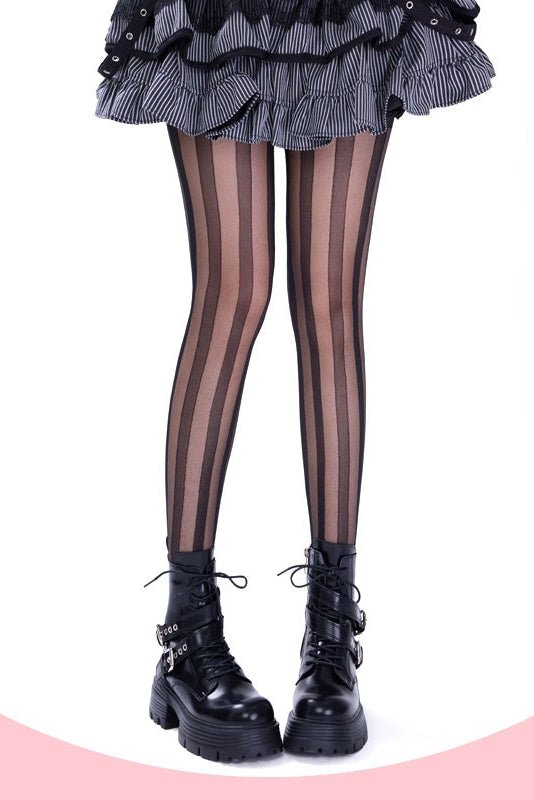 Lolita Black Rock Vertical Stripes Tights - LolitaEra