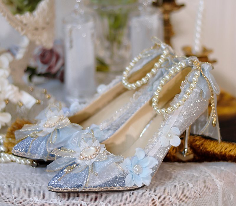 Lolita Blue Floral Stiletto Sandals - LolitaEraLight blue 7cm35Lolita Blue Floral Stiletto Sandals