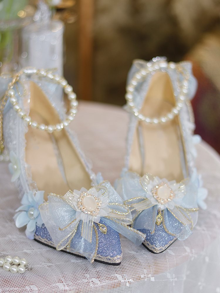 Lolita Blue Floral Stiletto Sandals - LolitaEraLight blue 7cm35Lolita Blue Floral Stiletto Sandals