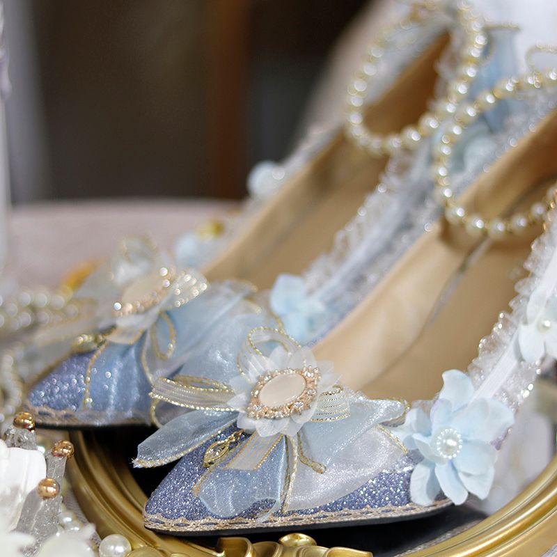 Lolita Blue Floral Stiletto Sandals - LolitaEraLight blue 7cm35Lolita Blue Floral Stiletto Sandals