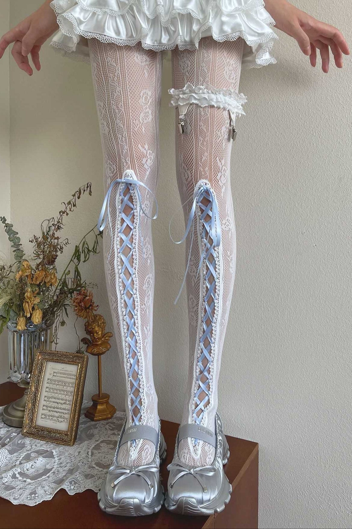 Lolita Blue Lace Ribbon Trim Long Socks - LolitaEra