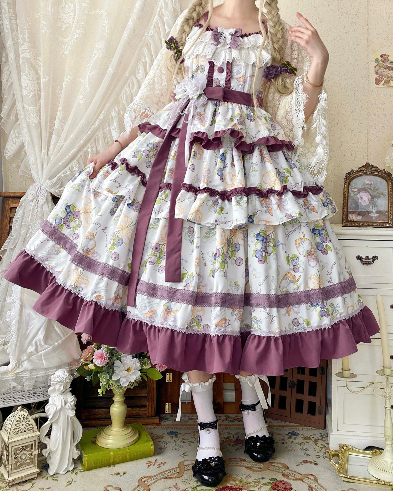 Lolita Blueberry Print Voluminous JSK - LolitaEraPurple JSKSLolita Blueberry Print Voluminous JSK