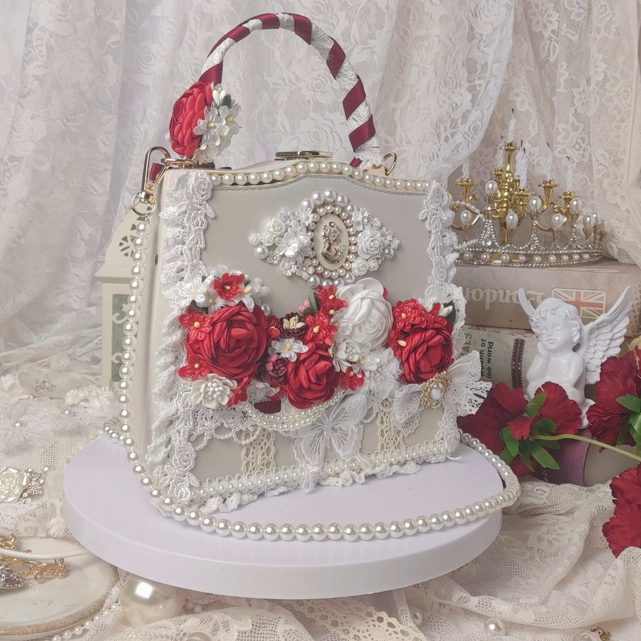 Lolita Bridal Roses Vintage Handmade Handbag LE5204 - LolitaEraWhiteLolita Bridal Roses Vintage Handmade Handbag LE5204