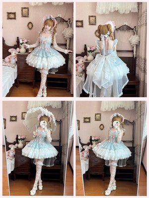 Lolita Elegant 3 - Layer Ruffle Spaghetti Strap Dress 1226 - LolitaEraLight Blue DressSLolita Elegant 3 - Layer Ruffle Spaghetti Strap Dress 1226