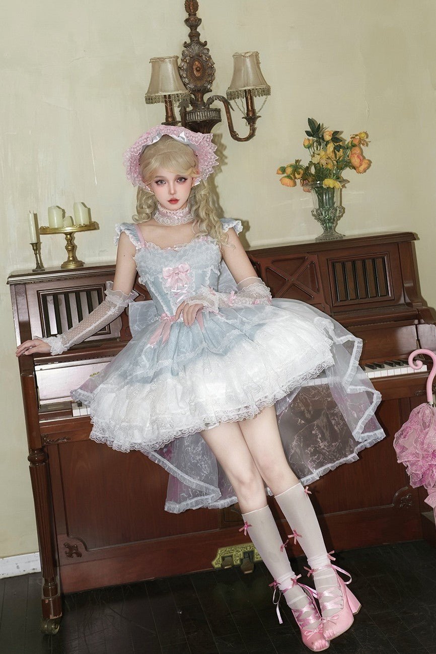 Lolita Elegant 3 - Layer Ruffle Spaghetti Strap Dress 1226 - LolitaEraLight Blue DressSLolita Elegant 3 - Layer Ruffle Spaghetti Strap Dress 1226