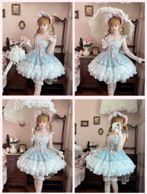 Lolita Elegant 3 - Layer Ruffle Spaghetti Strap Dress 1226 - LolitaEraLight Blue DressSLolita Elegant 3 - Layer Ruffle Spaghetti Strap Dress 1226