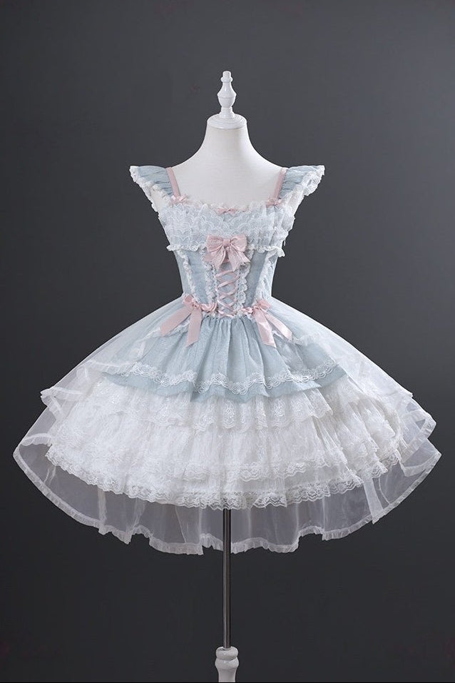 Lolita Elegant 3 - Layer Ruffle Spaghetti Strap Dress 1226 - LolitaEraLight Blue DressSLolita Elegant 3 - Layer Ruffle Spaghetti Strap Dress 1226